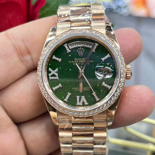 Day-Date-Roman Numeral Dial with Diamond on Bezel in 2 Colors